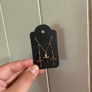 NEW Gold coloured Cross Necklace and Earring Set